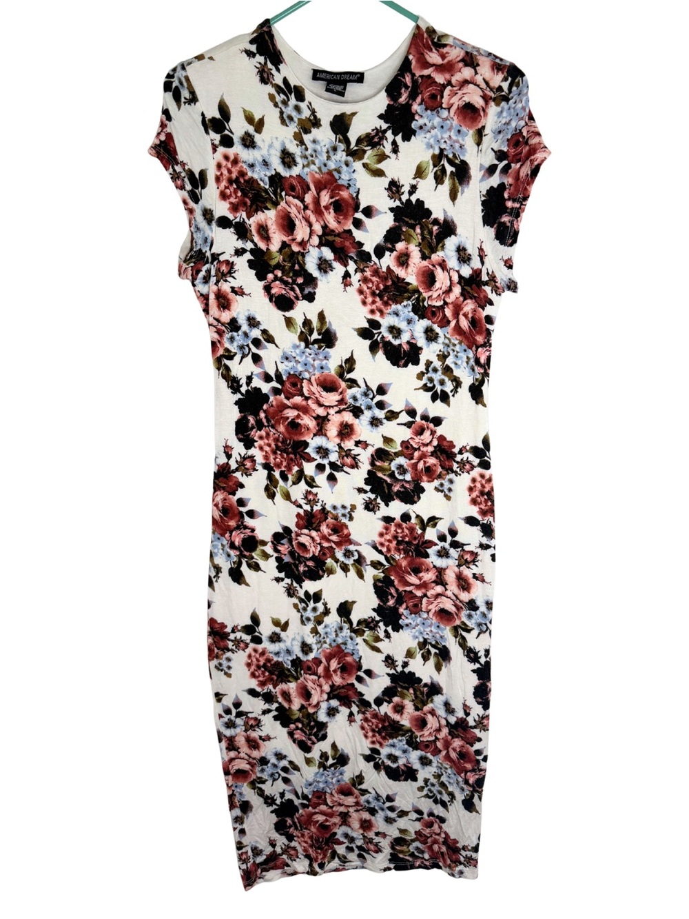 3/$20 American Dream White Fitted Midi Dress Pink & Blue Floral Print Size Large